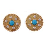 A pair of turquoise and diamond ear clips by Cartier   A pair of turquoise and diamond ear clips