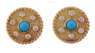 A pair of turquoise and diamond ear clips by Cartier   A pair of turquoise and diamond ear clips