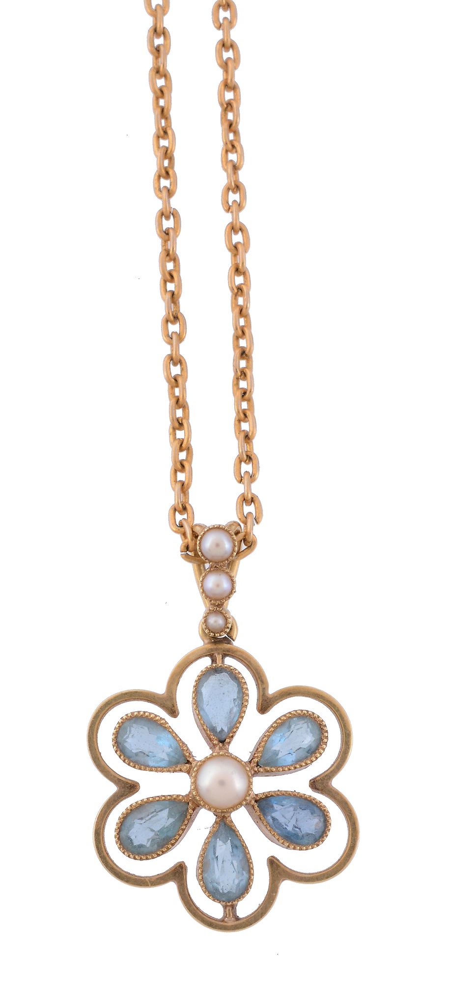 An early 20th century aquamarine and half pearl flower head pendant   An early 20th century