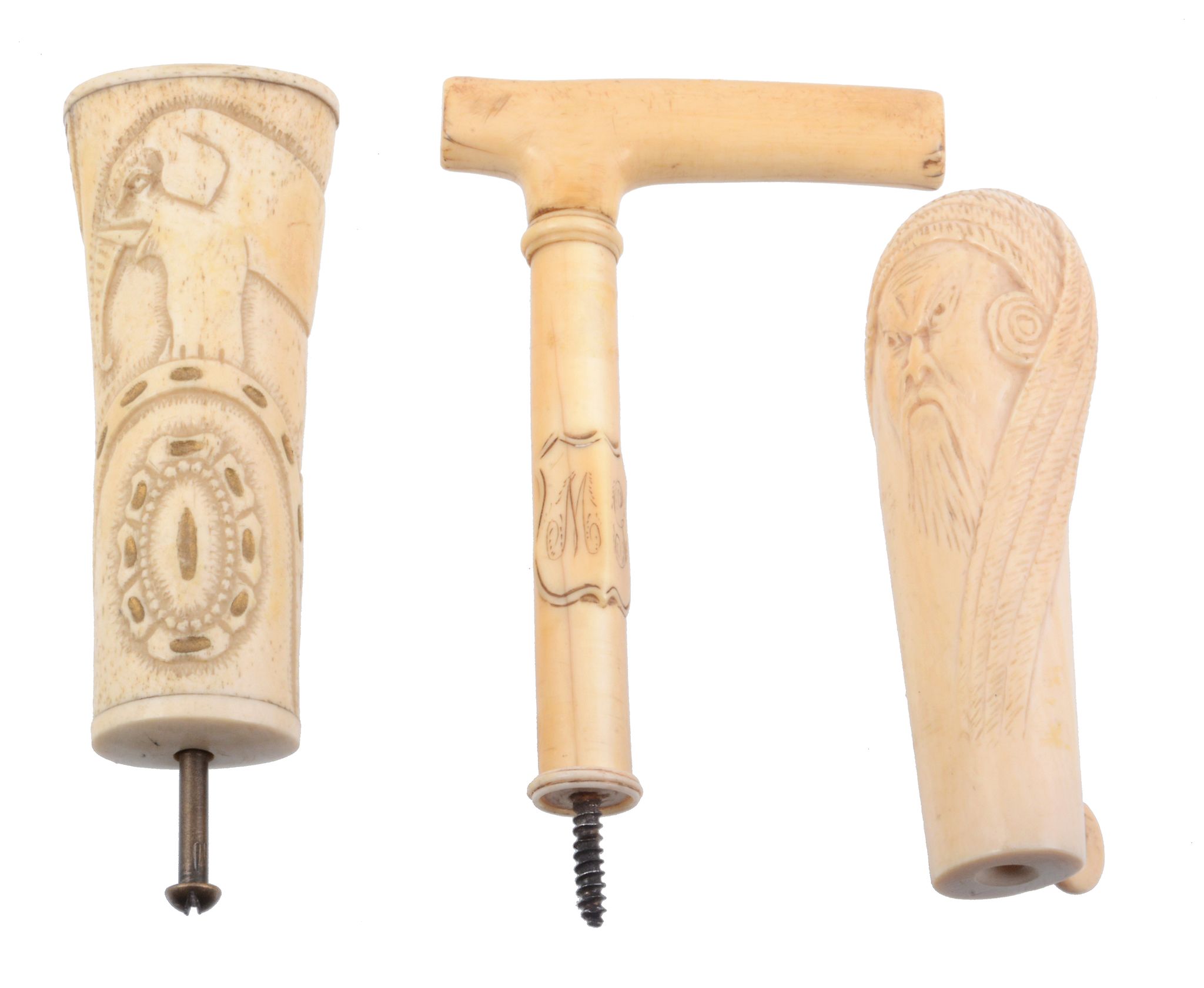 Three waking stick handles, comprising: an angled ivory example   Three waking stick handles,