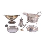 A small collection of silver, comprising: a George III navette pedestal salt...   A small collection