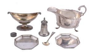 A small collection of silver, comprising: a George III navette pedestal salt...   A small collection