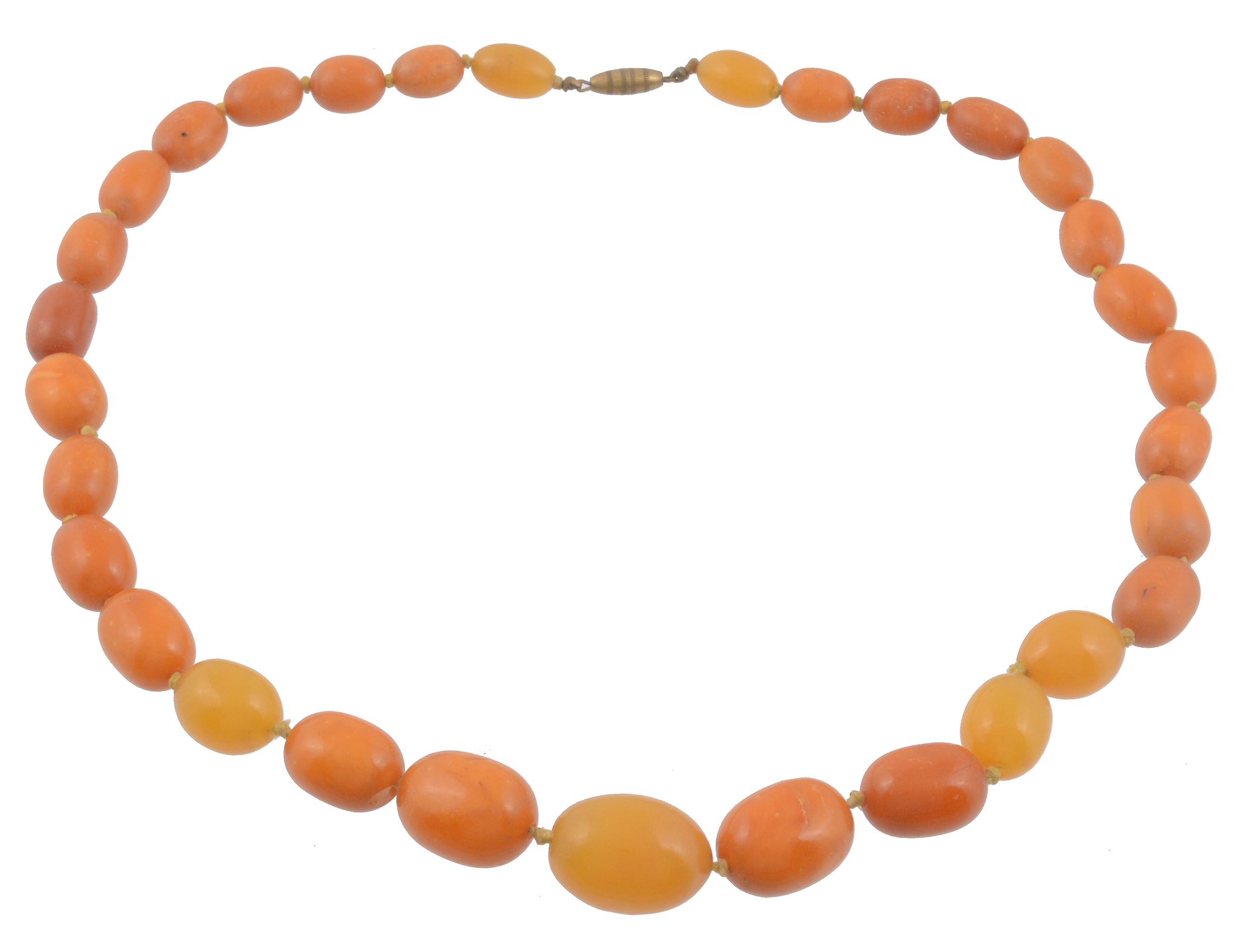 An amber bead necklace, the single strand necklace composed of graduating...   An amber bead