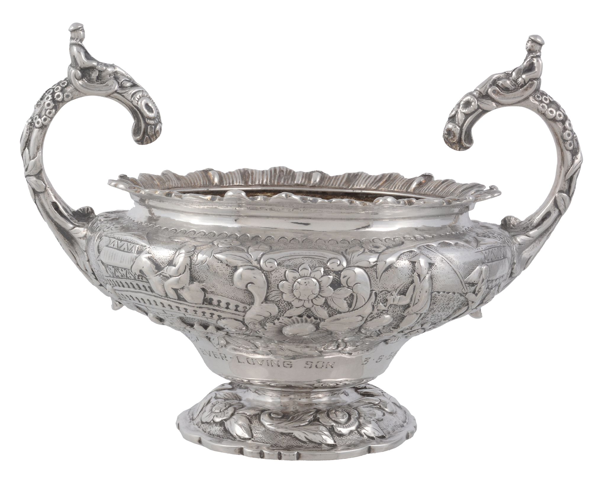 A George IV silver twin handled pedestal bowl by J. E. Terrey  &  Co   A George IV silver twin