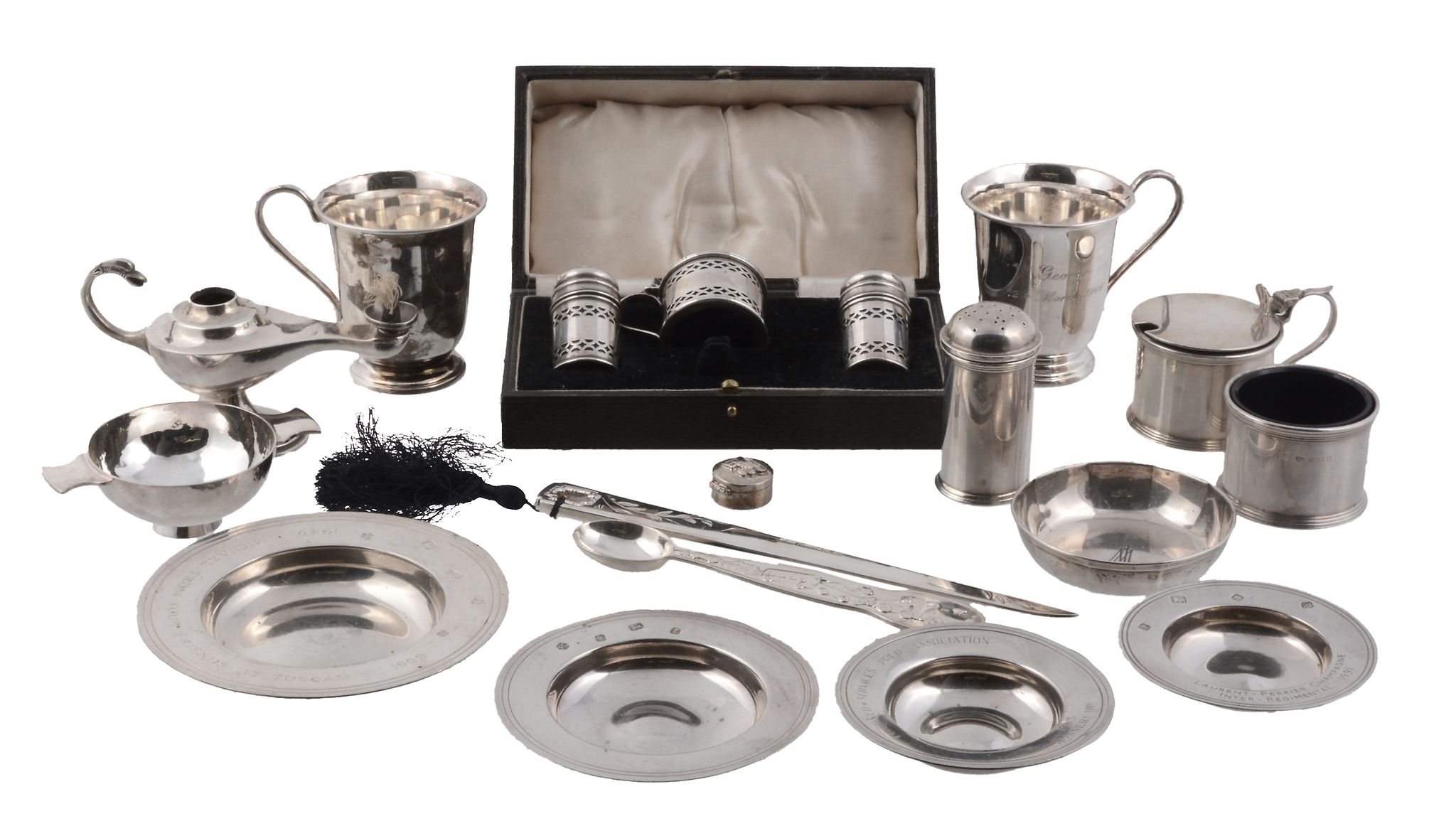 A collection of silver items, to include: a cased silver three piece cruet...   A collection of
