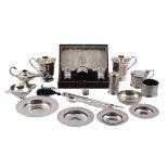 A collection of silver items, to include: a cased silver three piece cruet...   A collection of