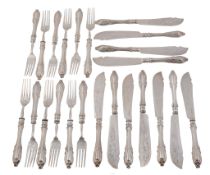 A matched set of thirteen silver lily pattern fish knives and forks   A matched set of thirteen