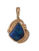 An opal and diamond pendant, the abstract shaped opal within a polished...   An opal and diamond