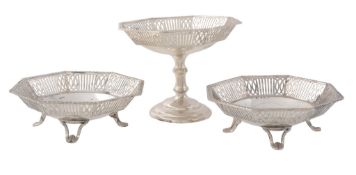 A set of three silver octagonal sweet baskets, maker   A set of three silver octagonal sweet