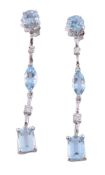 A pair of aquamarine and diamond ear pendents, set with a circular cut   A pair of aquamarine and