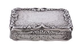 A Victorian silver shaped rectangular snuff box by Alfred Taylor   A Victorian silver shaped