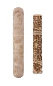 Two 19th century ivory cylindrical bodkin cases, the larger probably Dieppe   Two 19th century ivory