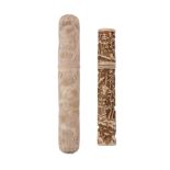 Two 19th century ivory cylindrical bodkin cases, the larger probably Dieppe   Two 19th century ivory