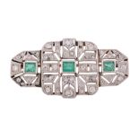 An Art Deco diamond and emerald brooch , circa 1930   An Art Deco diamond and emerald brooch  ,