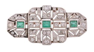 An Art Deco diamond and emerald brooch , circa 1930   An Art Deco diamond and emerald brooch  ,