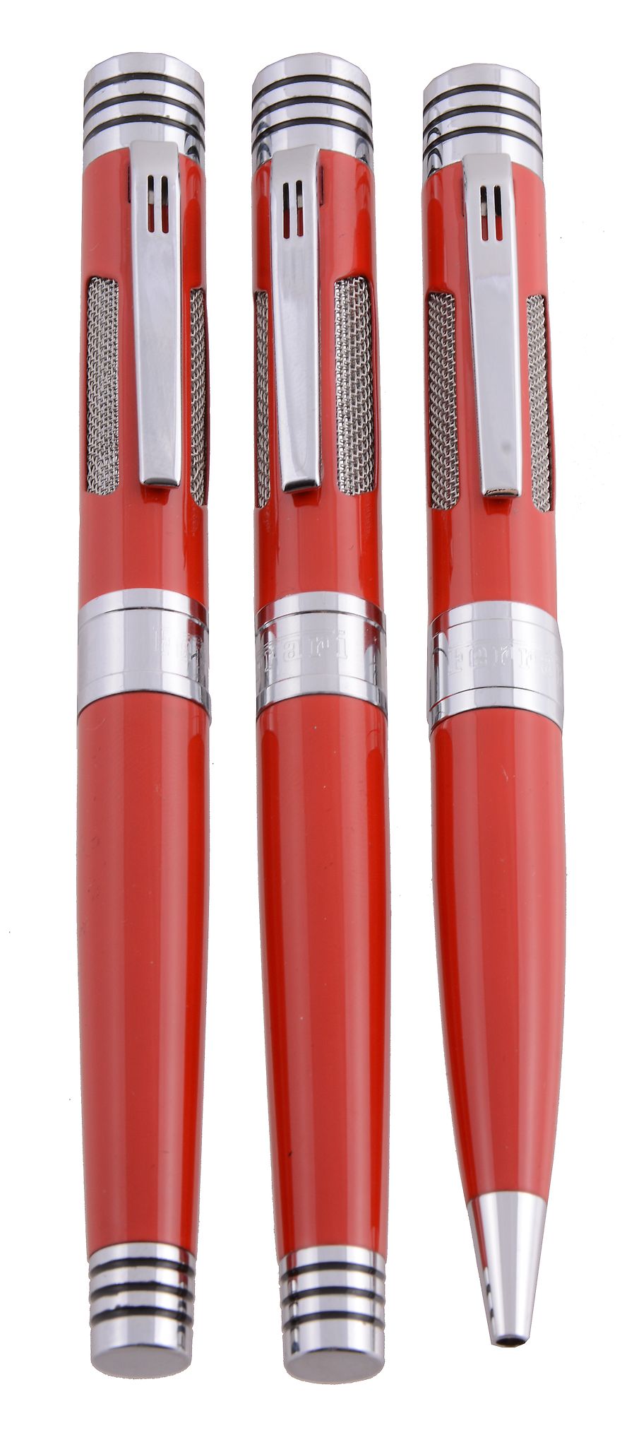 Ferrari, three red pens, the fountain pen with a red cap and barrel   Ferrari, three red pens,   the