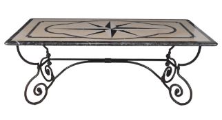 A marble mounted wrought iron centre or dining table in 19th century style   A marble mounted