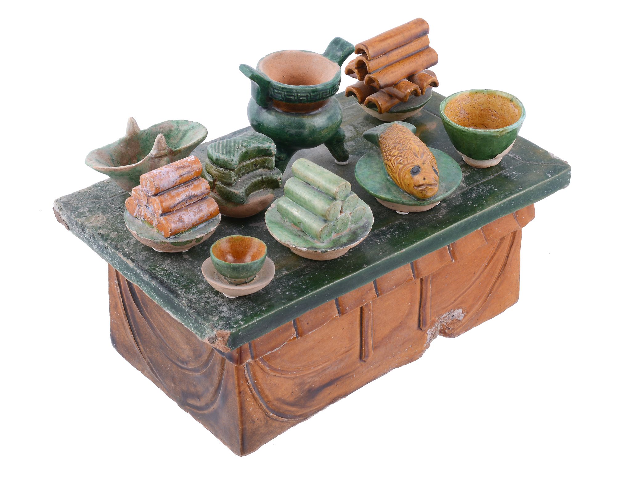A Chinese sancai glazed pottery model of an altar table and offerings   A Chinese sancai glazed - Image 2 of 2
