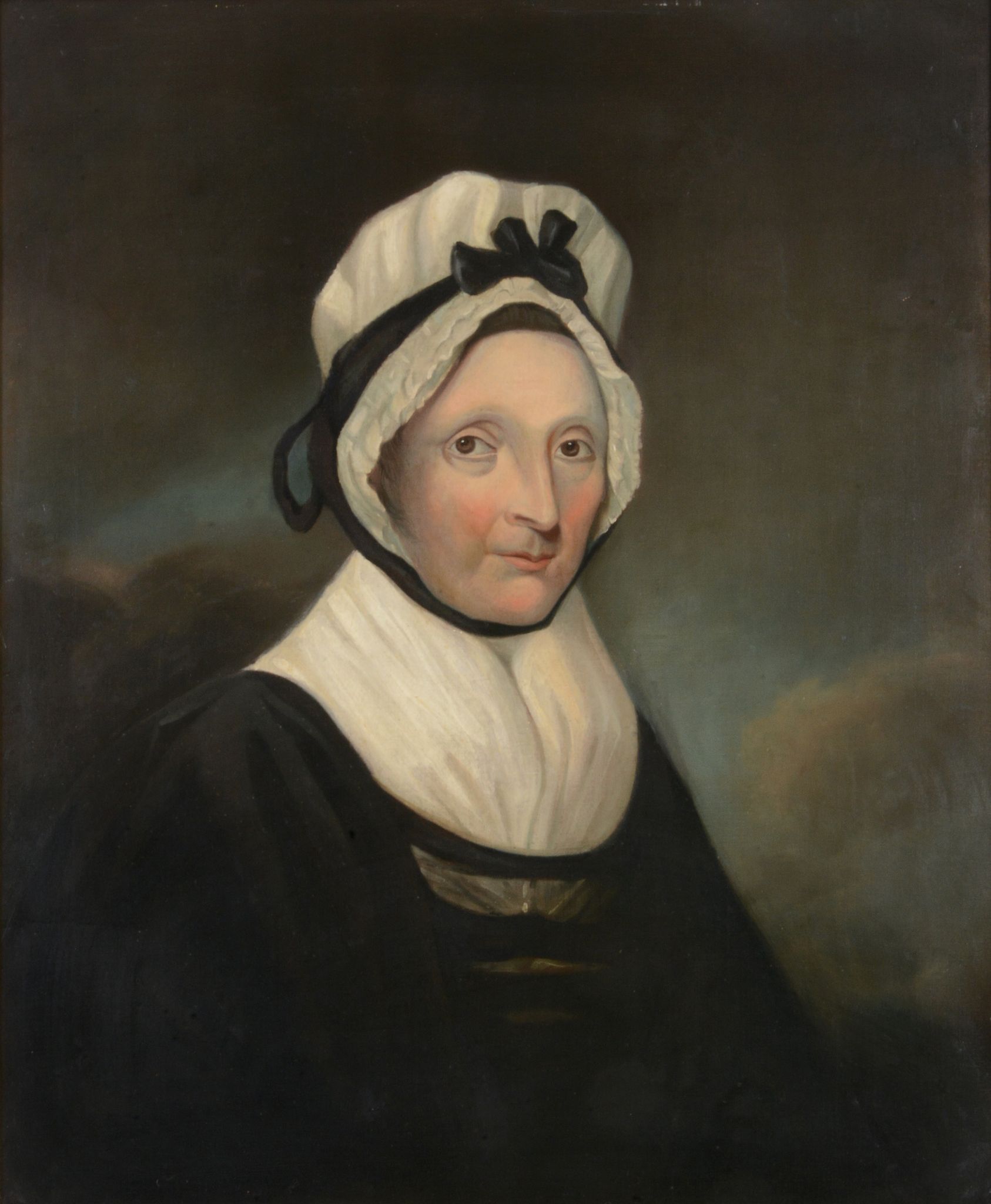 English School (19th century) - Bust portrait of a lady wearing a white bonnet  Oil on canvas 76 x