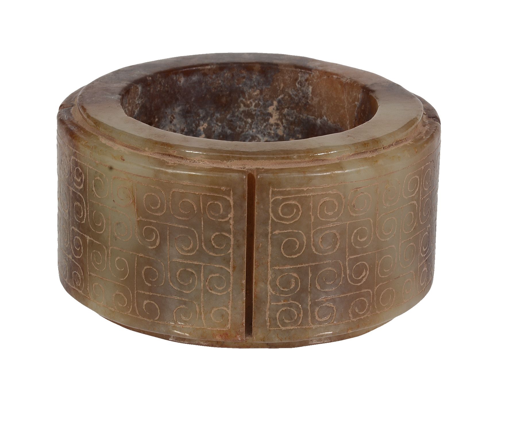 A Chinese celadon and russet jade cong or ring   A Chinese celadon and russet jade cong or ring  , - Image 2 of 3