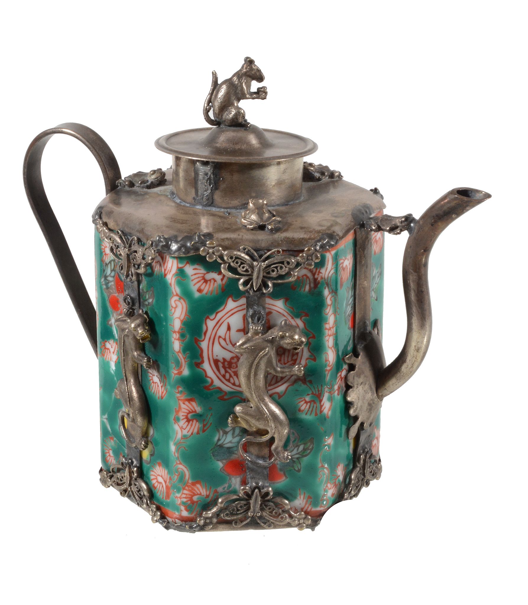 A Chinese porcelain metal mounted teapot, of hexagonal shape   A Chinese porcelain metal mounted - Image 3 of 3