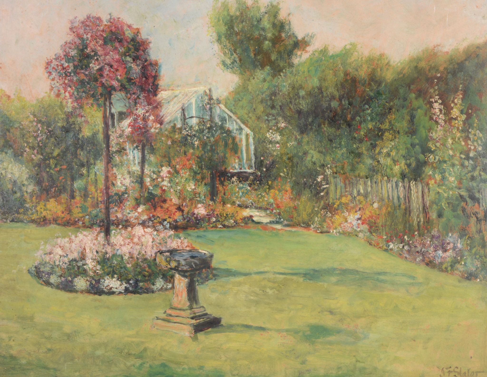 John Falconar Slater (1857-1937) - Garden in bloom  Oil on board Signed lower right 47 x 58.5 cm.(18