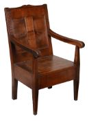 An oak panel back armchair , first half 18th century, 104cm high, 61cm wide   An oak panel back