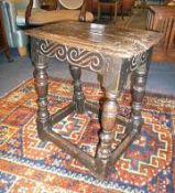 A Charles II oak joint stool, circa 1660, 53cm high, 43cm wide, 30cm deep