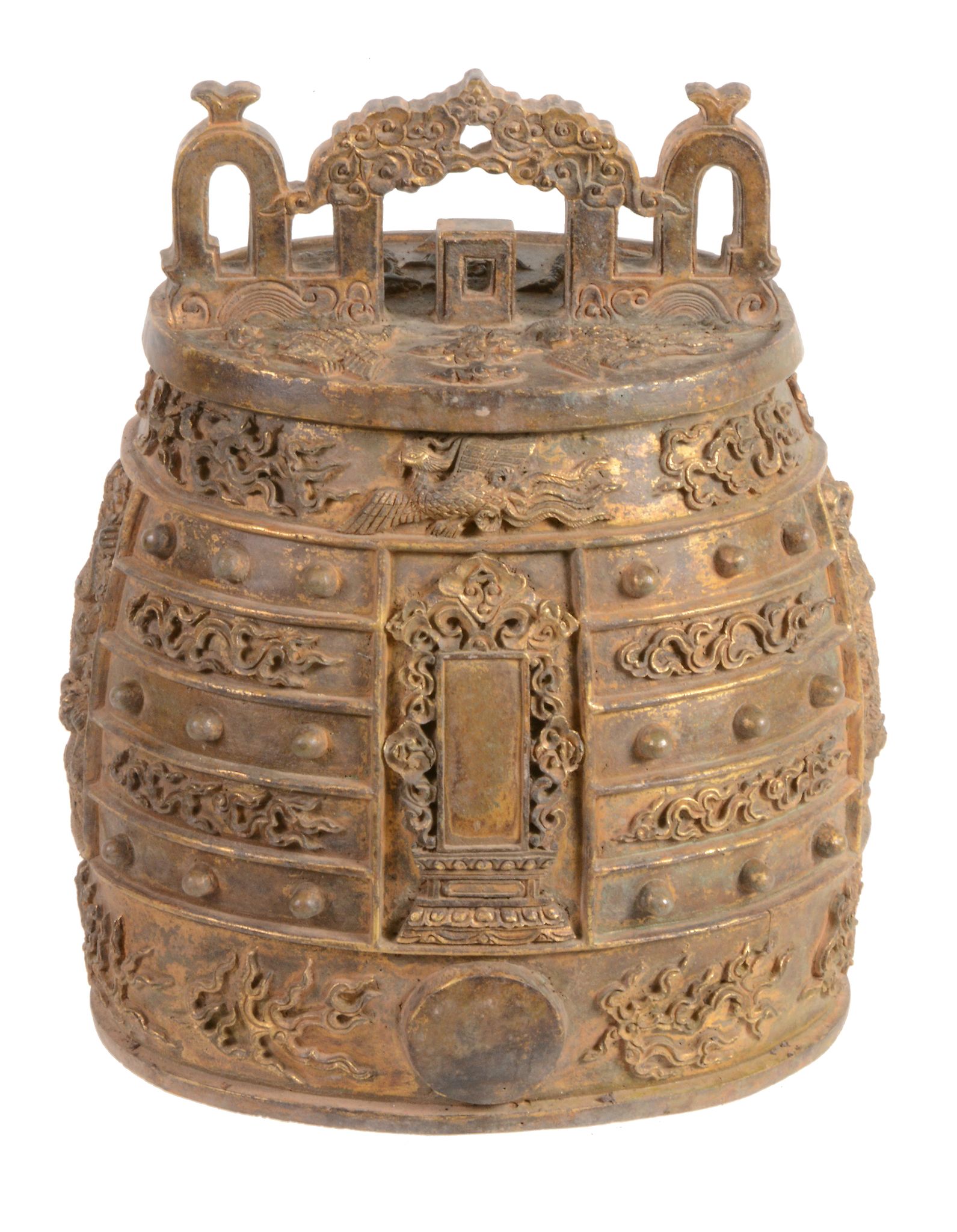 A Chinese gilt-bronze ritual bell, variously cast panels of dragons   A Chinese gilt-bronze ritual - Image 2 of 4