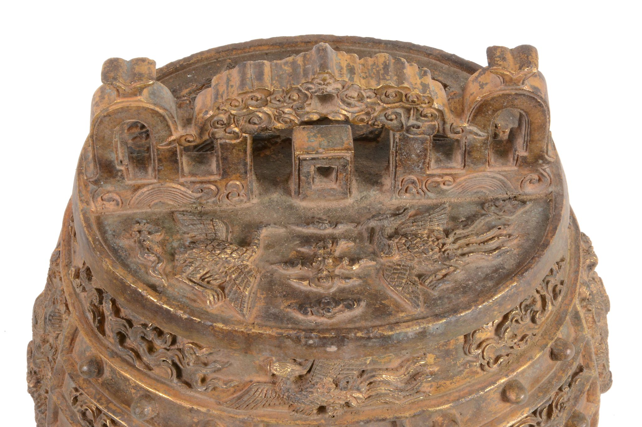 A Chinese gilt-bronze ritual bell, variously cast panels of dragons   A Chinese gilt-bronze ritual - Image 3 of 4