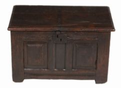 A small oak double panelled chest , 17th century, 40cm high, 66cm wide   A small oak double panelled