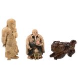 An Ivory Netsuke of Kwanyu, the bearded general stands wearing elaborate...   An Ivory Netsuke of