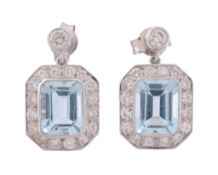 A pair of aquamarine and diamond earrings   A pair of aquamarine and diamond earrings,   the