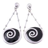 A pair of onyx and diamond ear pendents, the coiled polished setting...   A pair of onyx and diamond
