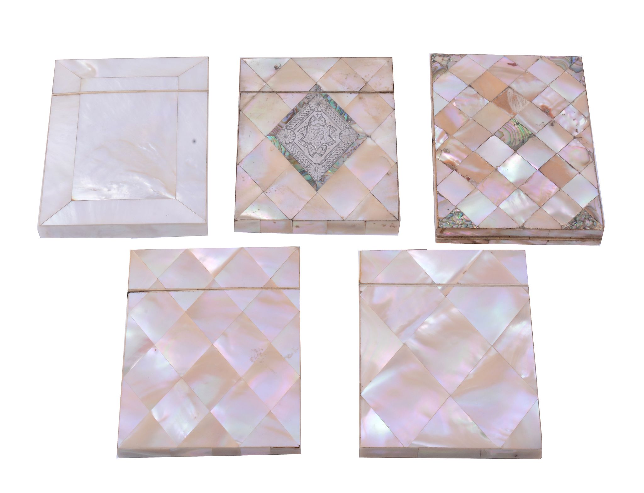 Five Victorian mother of pearl card cases, including   Five Victorian mother of pearl card