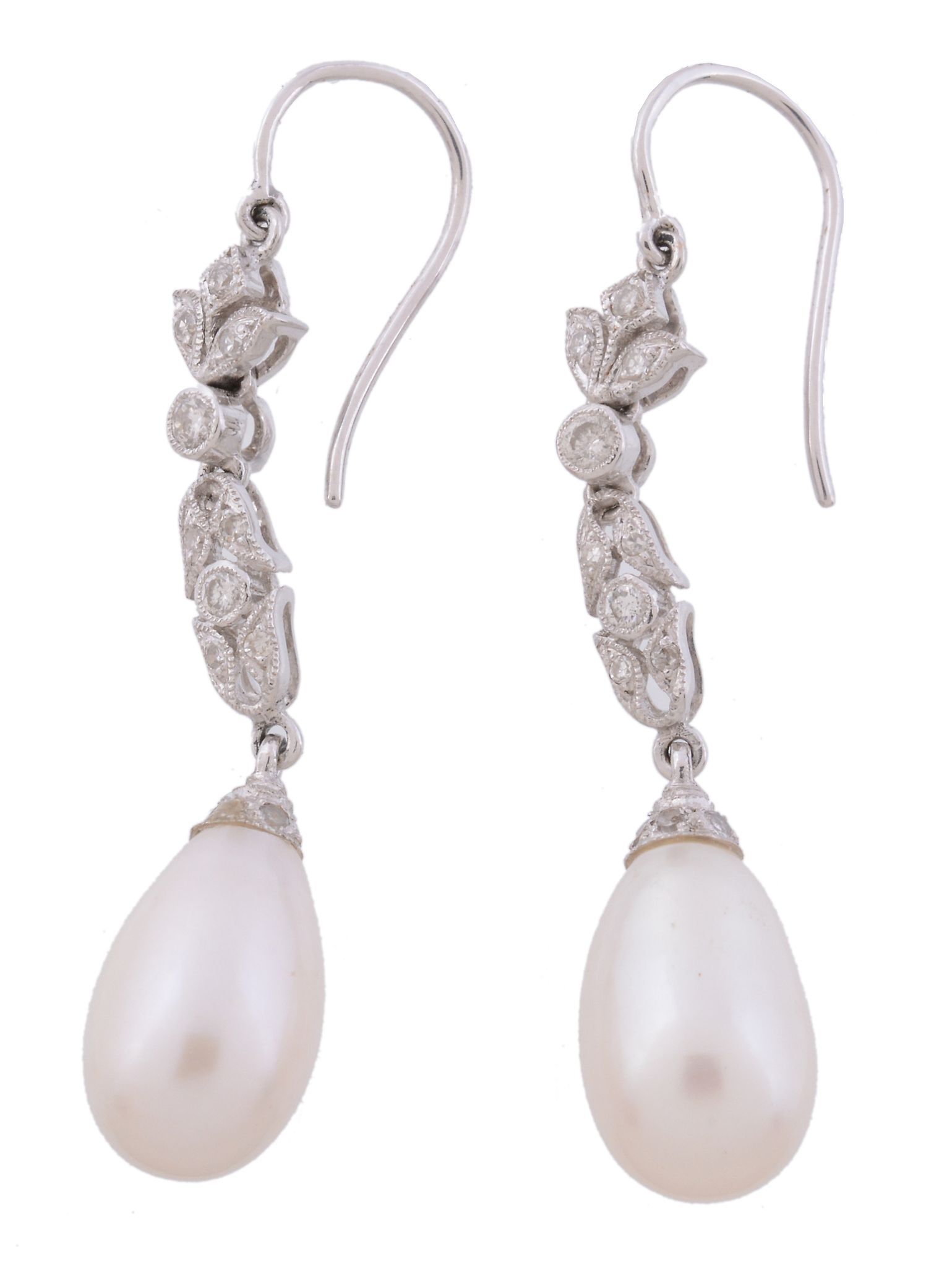A pair of freshwater cultured pearl and diamond drop earrings   A pair of freshwater cultured