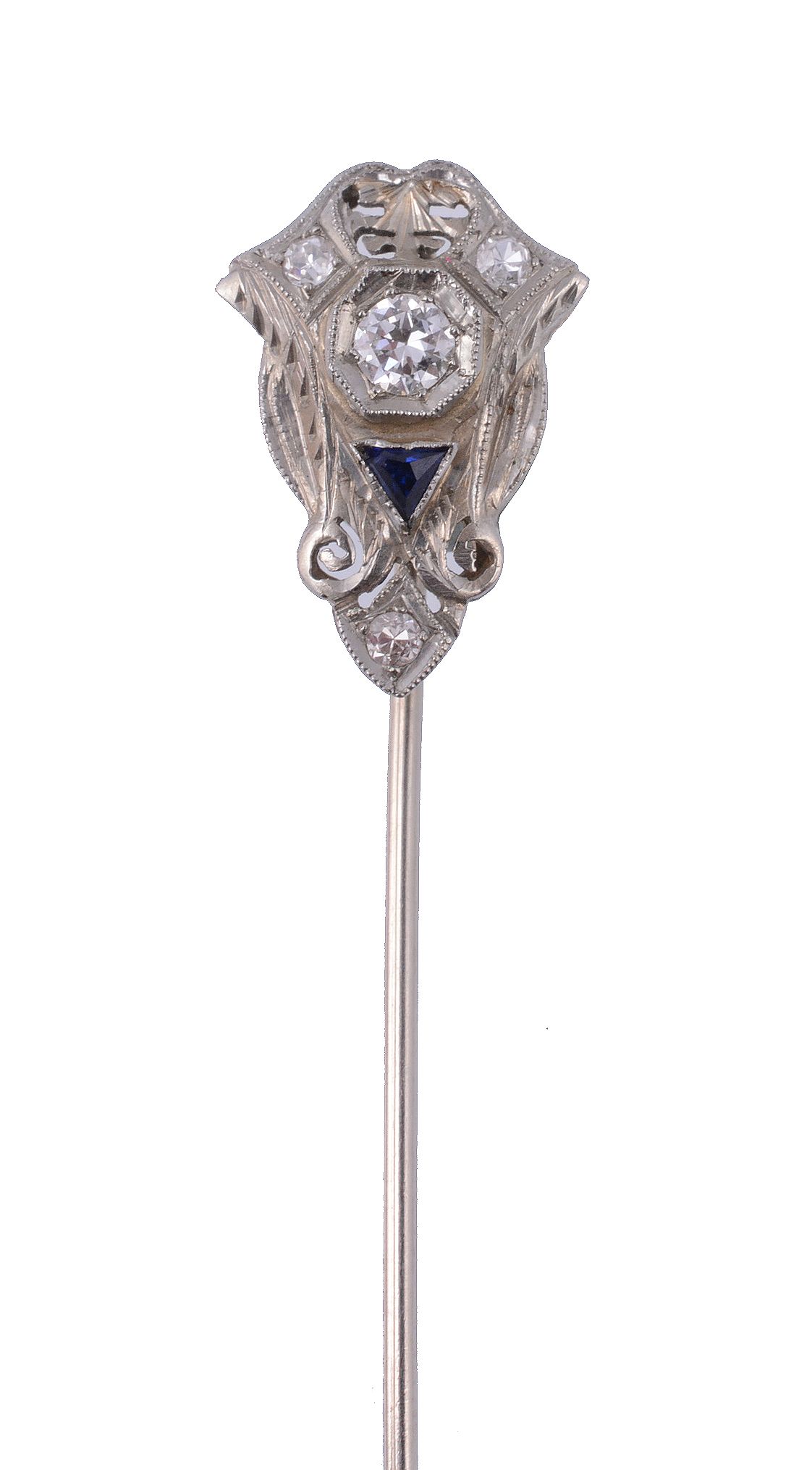 A sapphire and diamond stick pin, the panel with scroll detail set with...   A sapphire and - Image 2 of 2