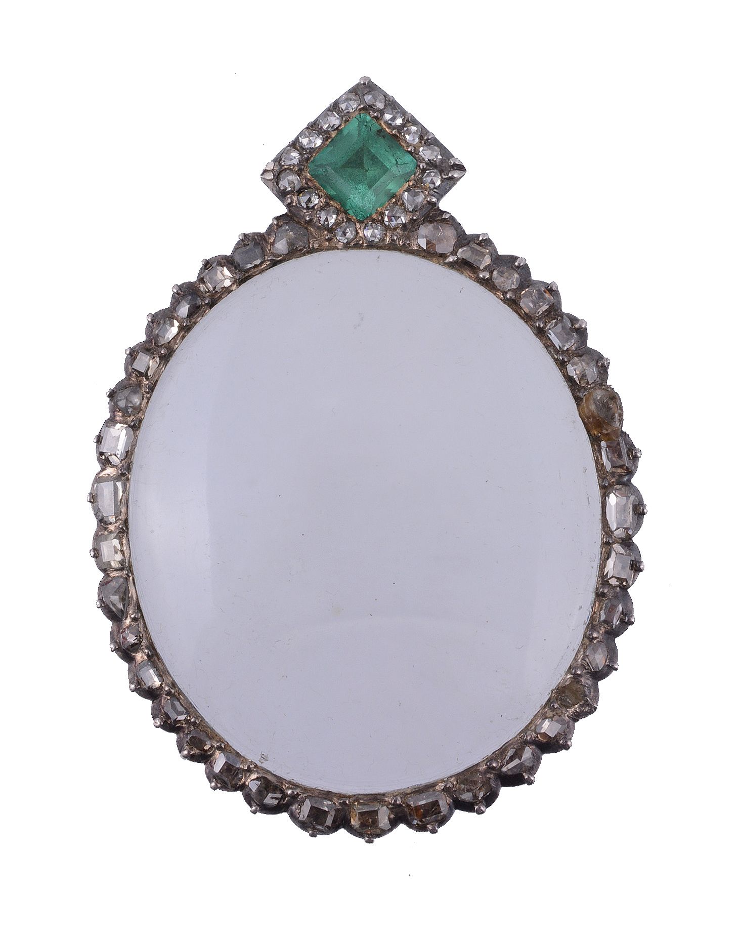 An emerald and diamond locket, the oval shaped locket with a border of vari...   An emerald and