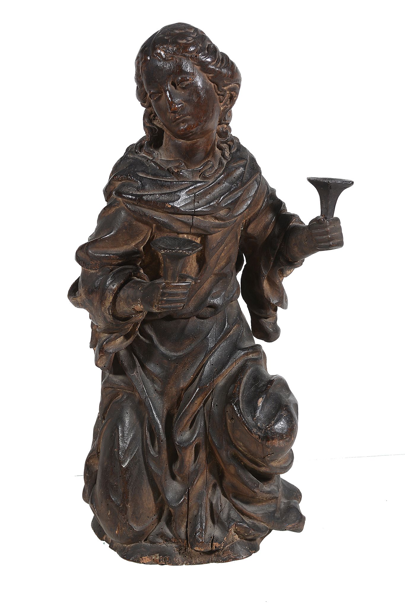 A central European sculpted and stained wood model of a female saint   A central European sculpted