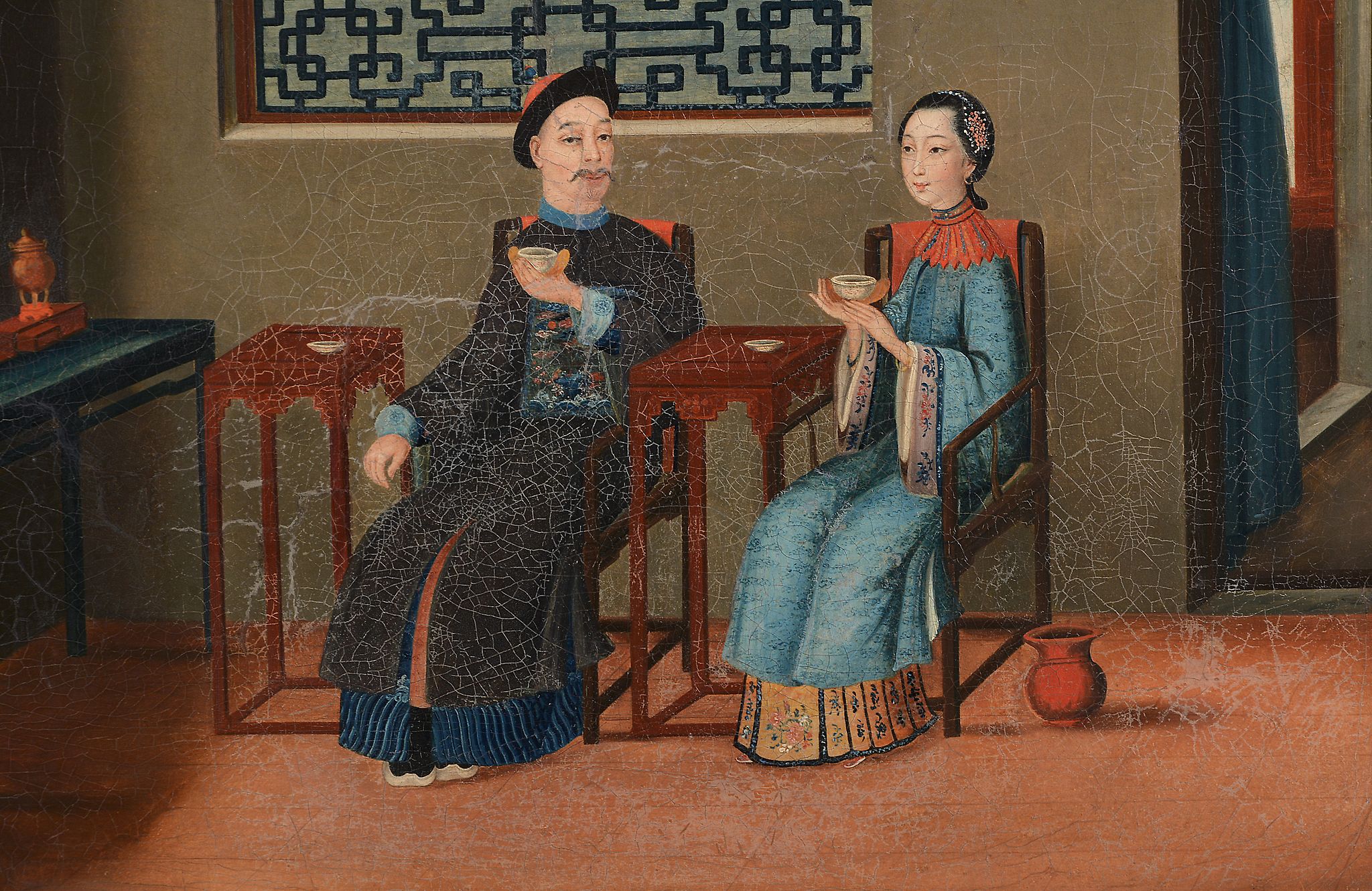 A pair of Chinese Export paintings of Interior scenes, late 18th century   A pair of Chinese - Image 3 of 8