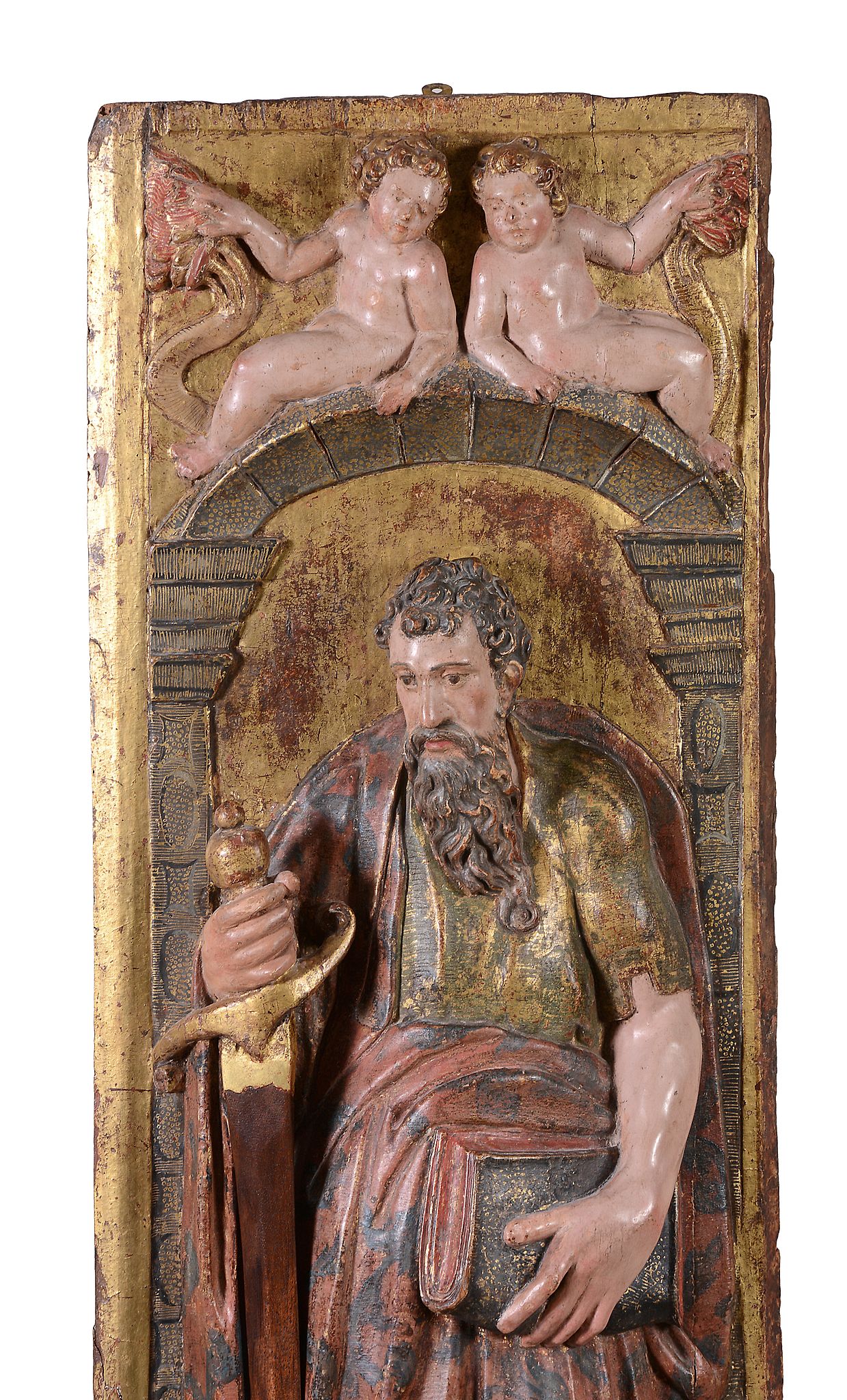 An Italian carved, painted and parcel giltwood figural relief panel   An Italian carved, painted and - Image 2 of 4