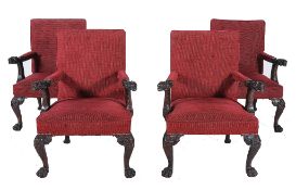 A set of four carved mahogany armchairs in George II style, mid 19th century   A set of four