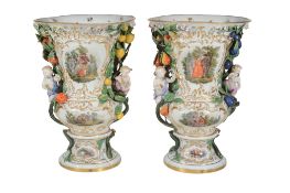 A pair of large Meissen thistle-shaped fruit-encrusted vases   A pair of large Meissen thistle-