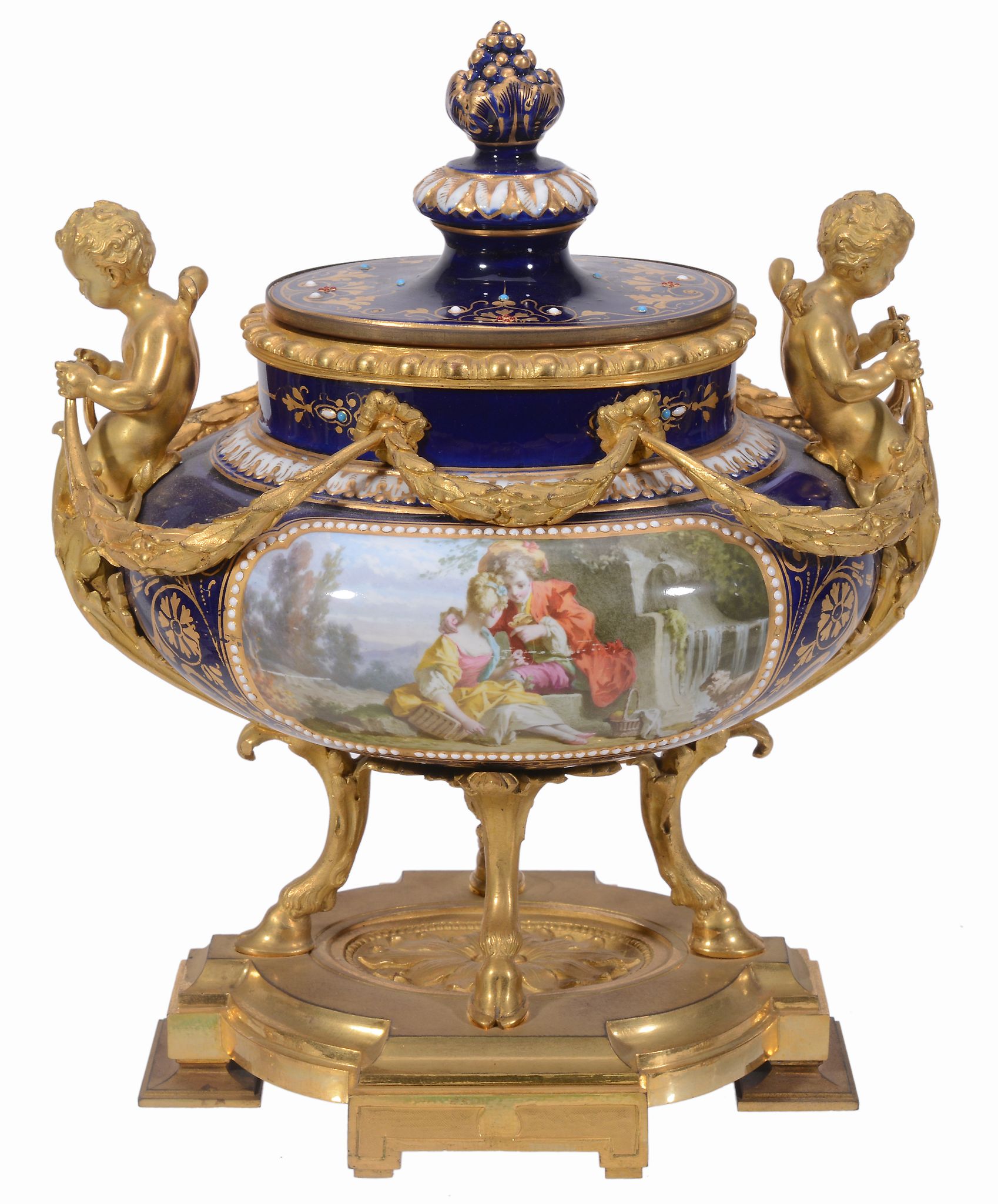A Sèvres-style gilt-metal mounted urn and cover, late 19th century   A Sèvres-style gilt-metal - Image 3 of 5