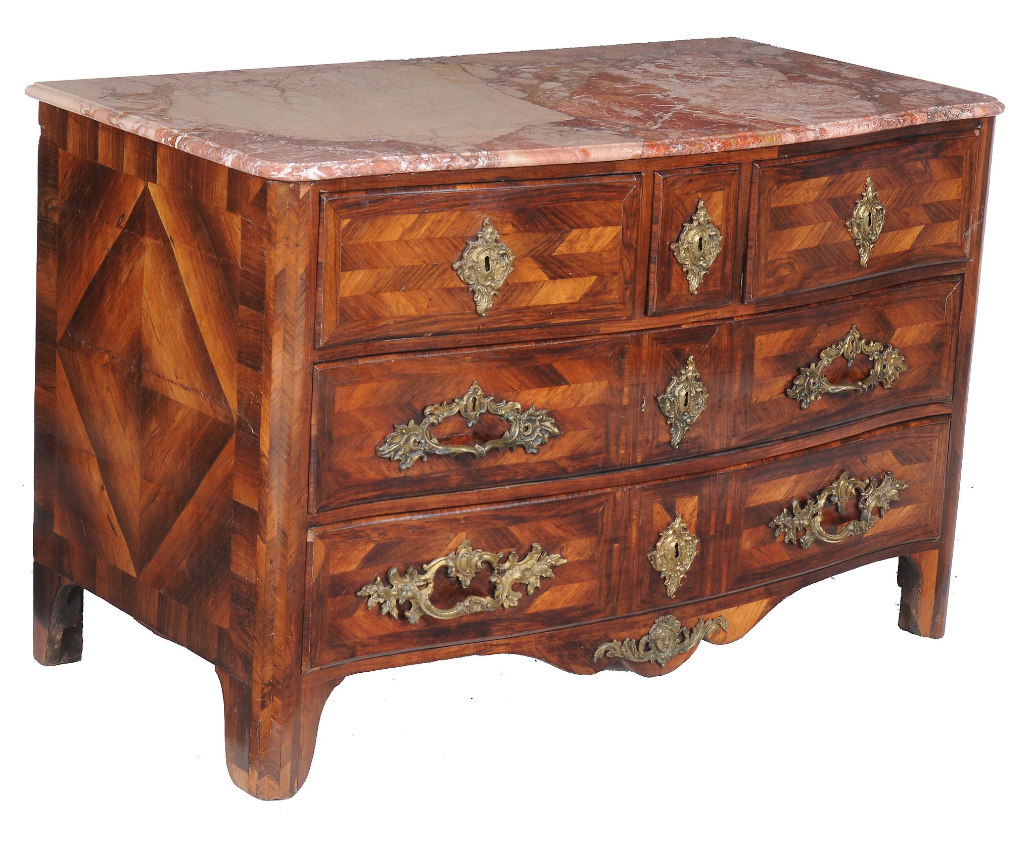 A Louis XV tulipwood and gilt bronze mounted commode , circa 1750   A Louis XV tulipwood and  gilt - Image 2 of 6