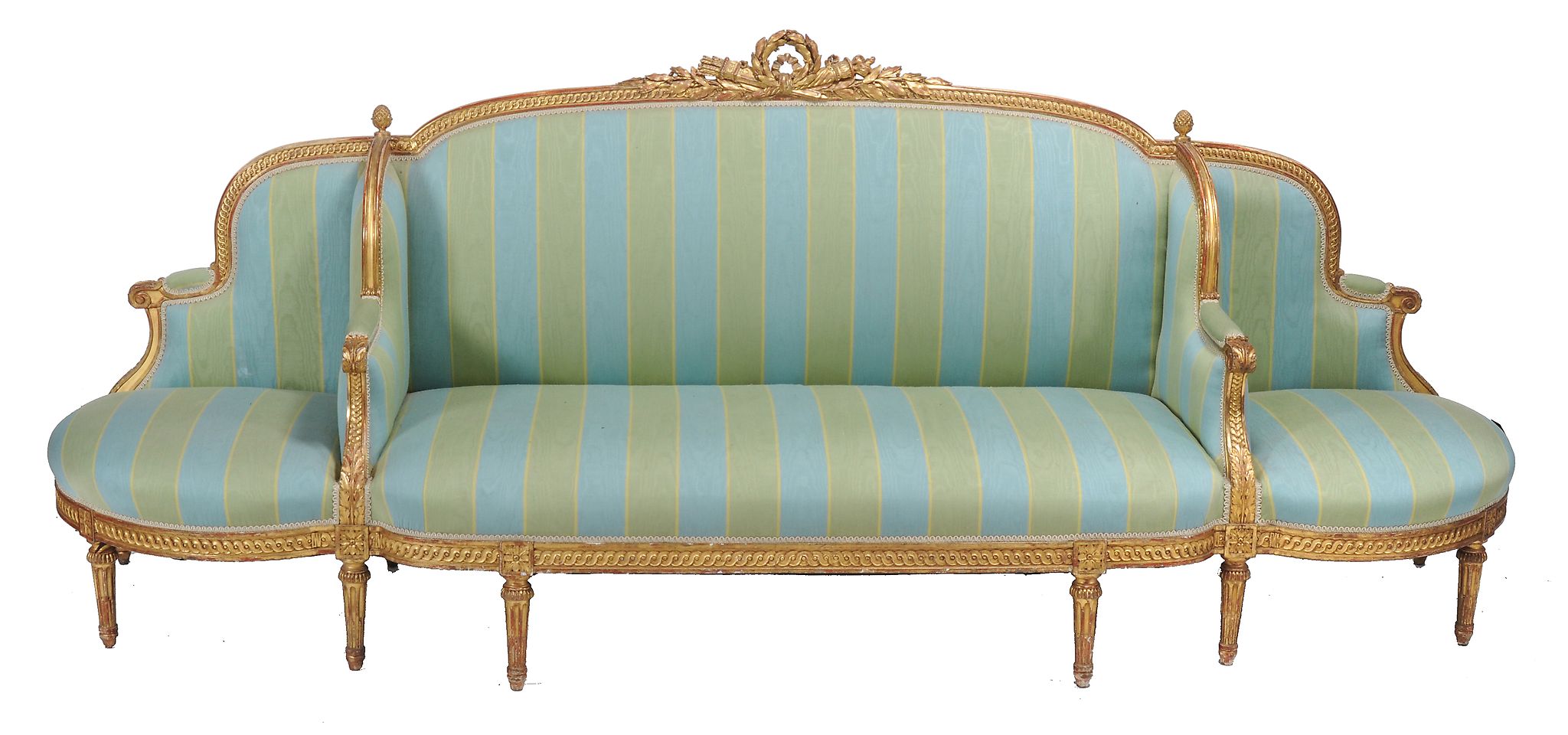 A carved giltwood framed sofa in Louis XVI style, second half 19th century   A carved giltwood