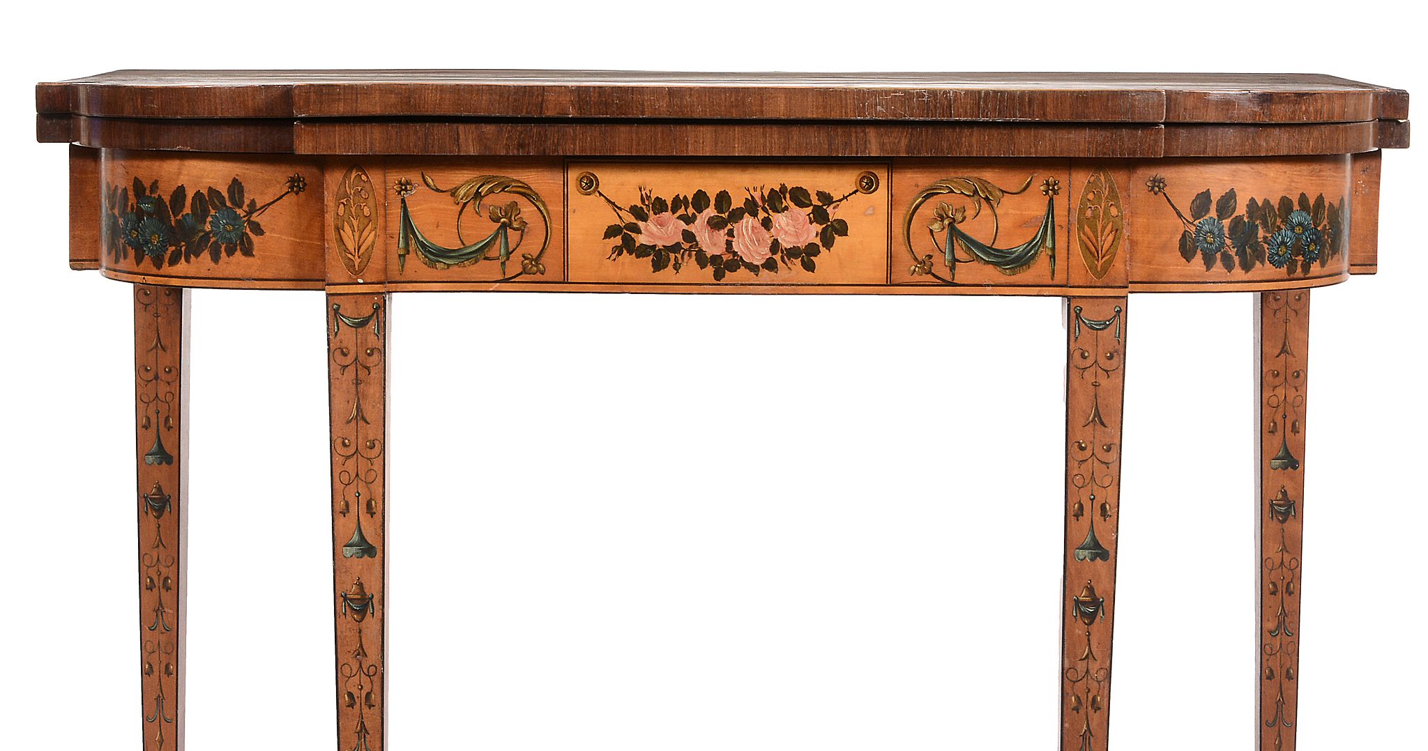 A pair of George III satinwood and painted folding card tables, circa 1790   A pair of George III - Image 10 of 10