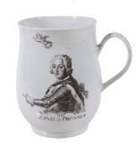 A Worcester porcelain Robert Hancock printed 'King of Prussia' baluster mug   A Worcester