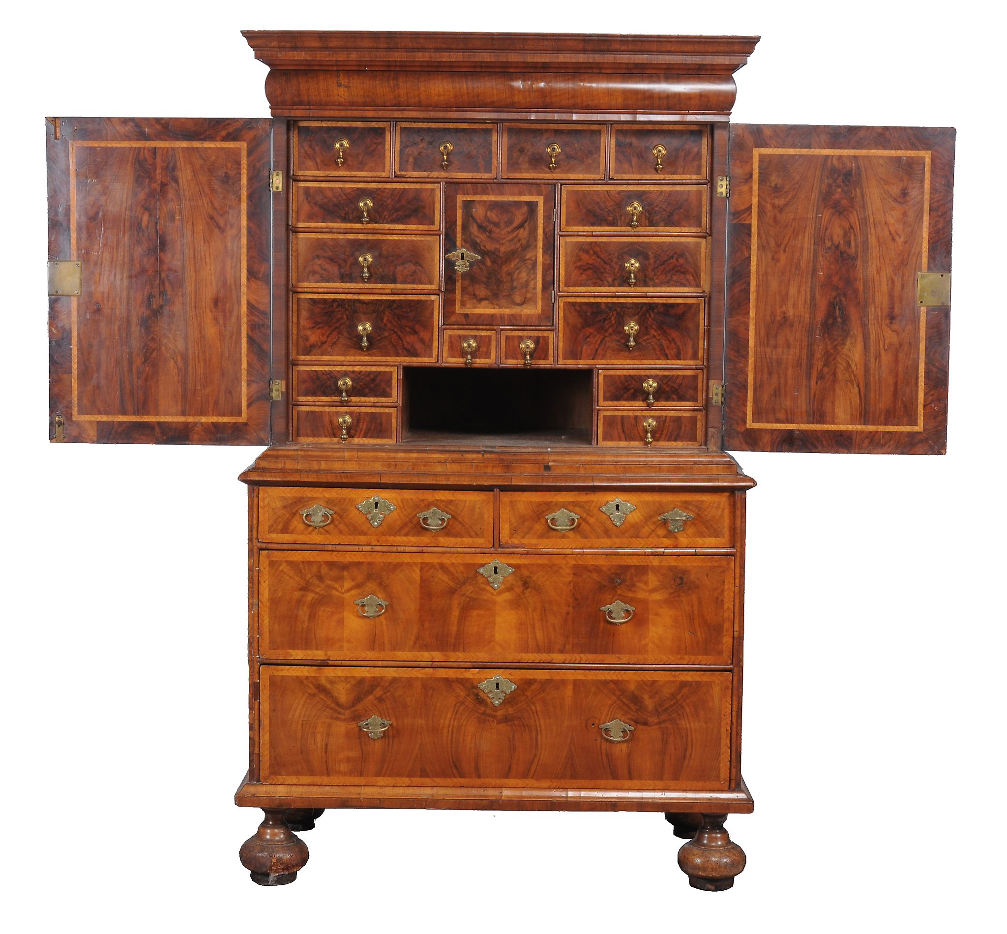 A Queen Anne walnut featherbanded cabinet on chest , circa 1710   A Queen Anne walnut - Image 2 of 6