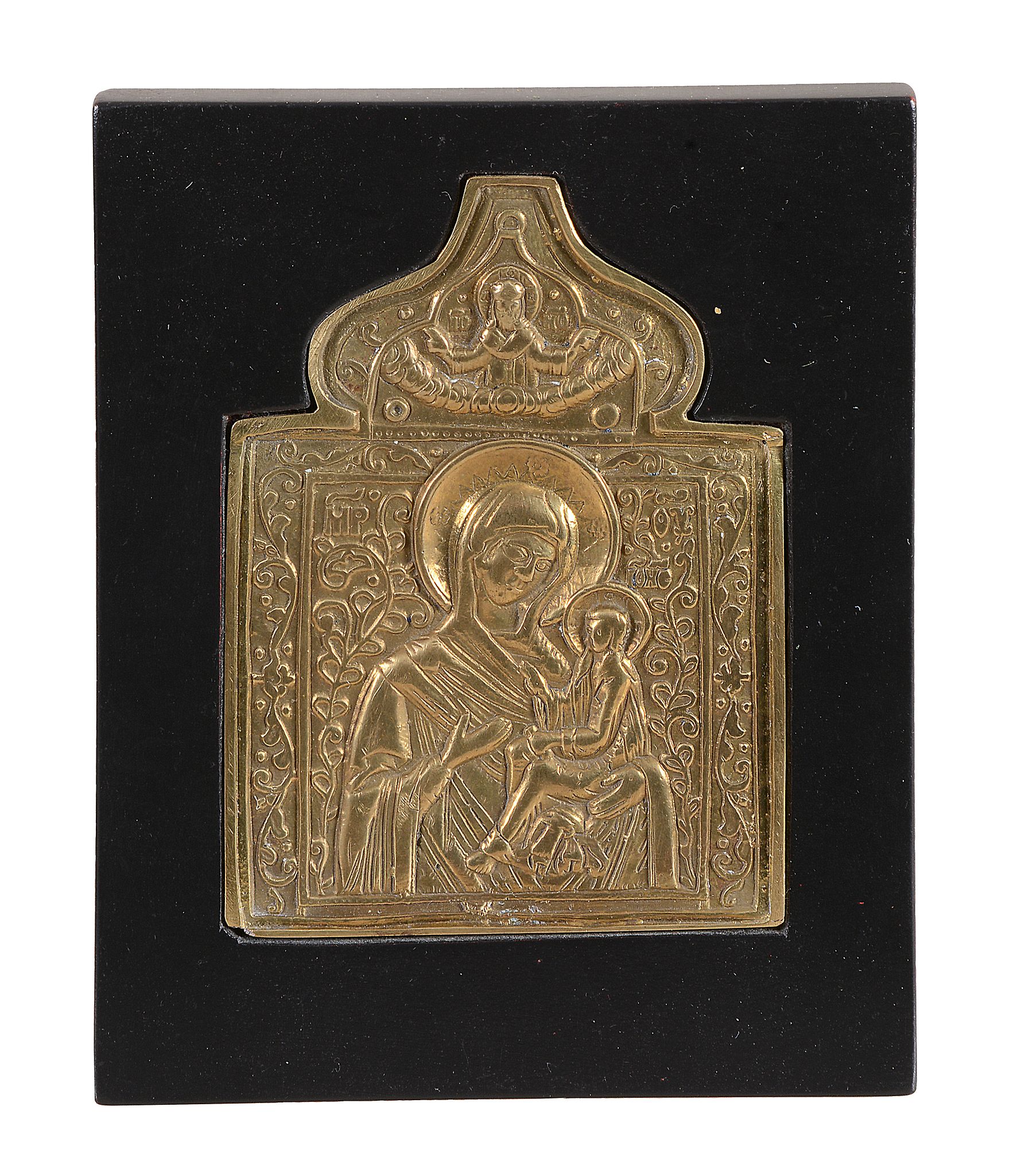 A Russian relief cast brass icon, The Virgin and Child Hodegitria, circa 1800   A Russian relief